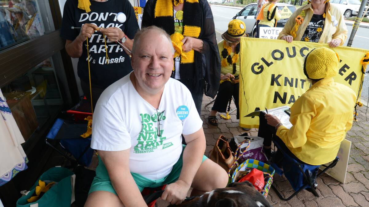 AGAINST CSG: Greens candidate in this month’s state election Stephen Ballantine with knitting nannas protesting against CSG in Tuncurry on Monday.  He has urged the Great Lakes Mayor to watch Frackman the movie when it comes to Tuncurry but Cr McWilliams says she hasn’t seen the request and that she has a prior commitment on the night of the screening. 