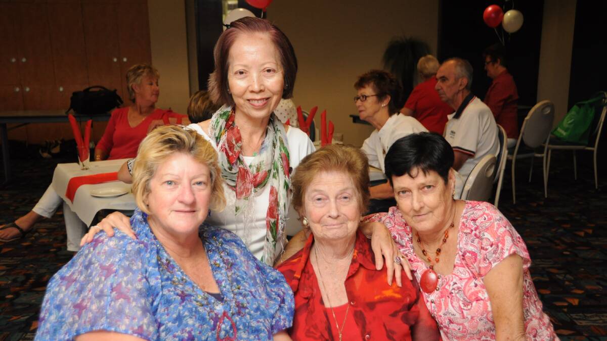 CATCHING UP: Sandy Tighe, Liz Achten, Marj Duffin and Linda Hardie at the Wallis Lakes RSL Day Club birthday. 
