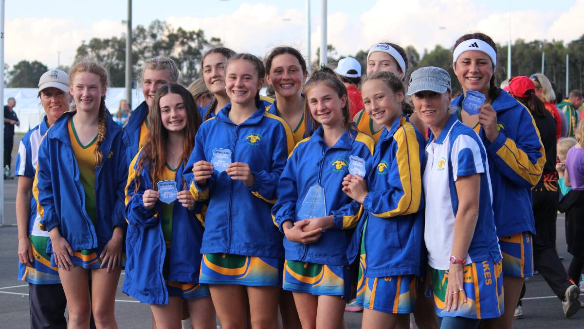 STATE WINNERS: Great Lakes under 14s claimed the Netball NSW State championships.  They are coach Kate Morse, Emily Green, Charlotte Hill, Kiana Richardson, Lisa Nicholson, Jill Black (vice captain), Maddy Clapham, Jasmine Black (captain), Emily Driese, Brooklyn Daniels, assistant coach Josie Johnson and Rawai Poini. 