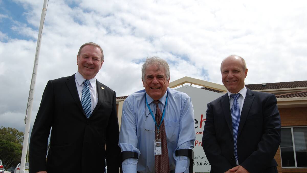 Member for Myall Lakes Stephen Bromhead, chairman of the Cape Hawke Community Hospital and Health Association Roger Lynch and executive Hunter New England Health Michael DiRienzo at the announcement of the opening date for the kidney dialysis unit. 