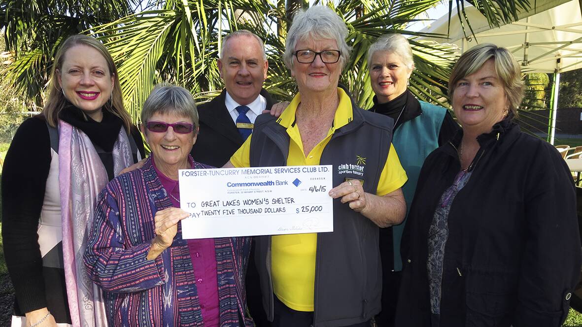 DONATION BOOST: On hand to present and receive Club Forster’s  $25,000 cheque were Annabelle Daniel, CEO Women’s Community Shelter, Julie Brady, president Forster Neighbourhood Centre, Peter Clarke, general manager of Club Forster, Claire Fletcher, president of Club Forster, Felicity Carter, vice president of Forster Neighbourhood Centre and Trish Wallace, manager of Forster Neighbourhood Centre.