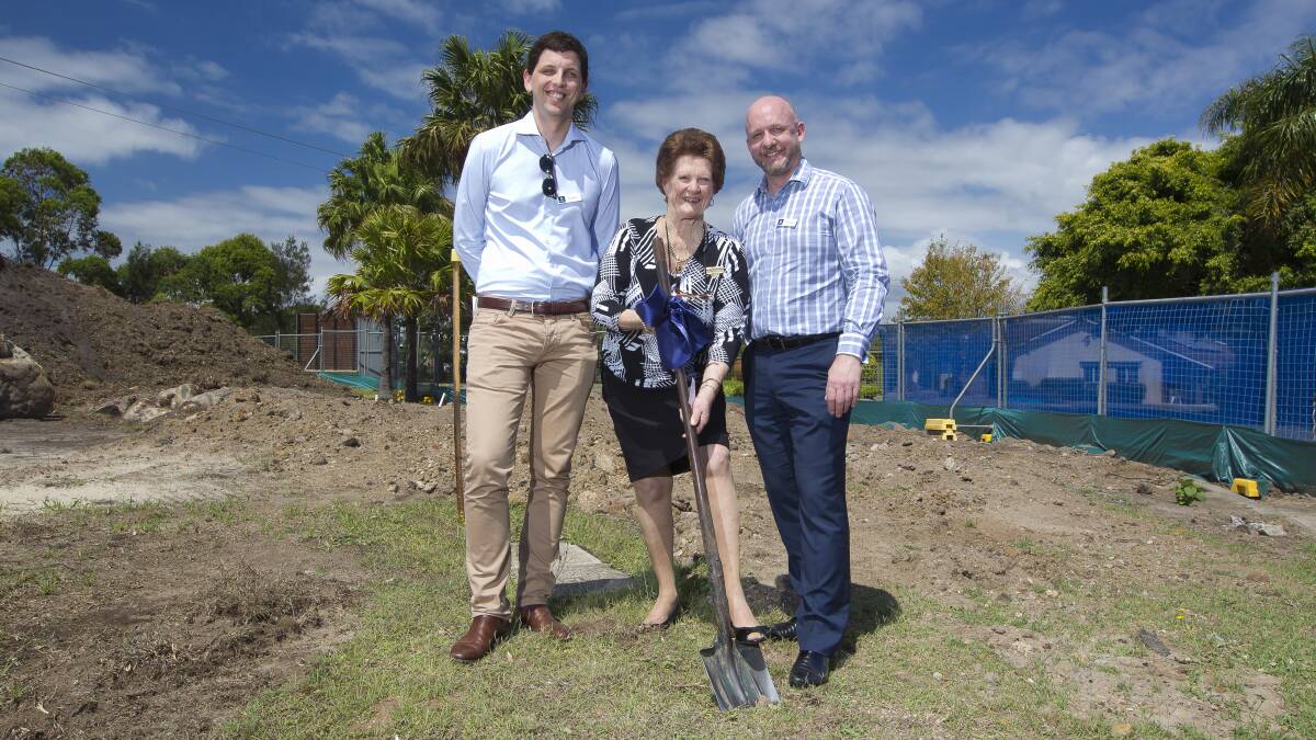 MAJOR EXPANSION: Stockland’s regional development manager Calum Ross and regional manager for NSW Andrew Koch mark the start of a $15 million extension to Golden Ponds Retirement Resort with Great Lakes mayor Jan McWilliams. Photo by Shane Chalker. 
