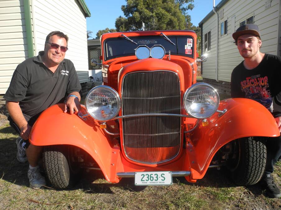LIKE FATHER: Brock Kinnear is stuck in the passenger seat for the moment, but is looking forward to driving his own 1937 Chevrolet Pickup. Ian and Brock Kinnear.