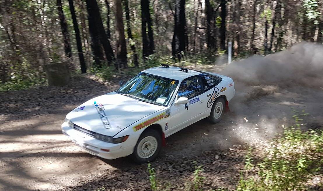 Early exit: Wingham's David Darby (driver) and Dyers Crossing's Shane Griffis (navigator) were in second place at the end of the first stage before fuel pump issues ended their campaign. Photo: Chris Cherry. 