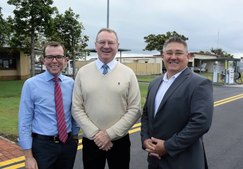 NSW tourism and major events minister Adam Marshall, Member for Myall Lakes Stephen Bromhead and MidCoast Council's director of community spaces and services Paul De Szell 
