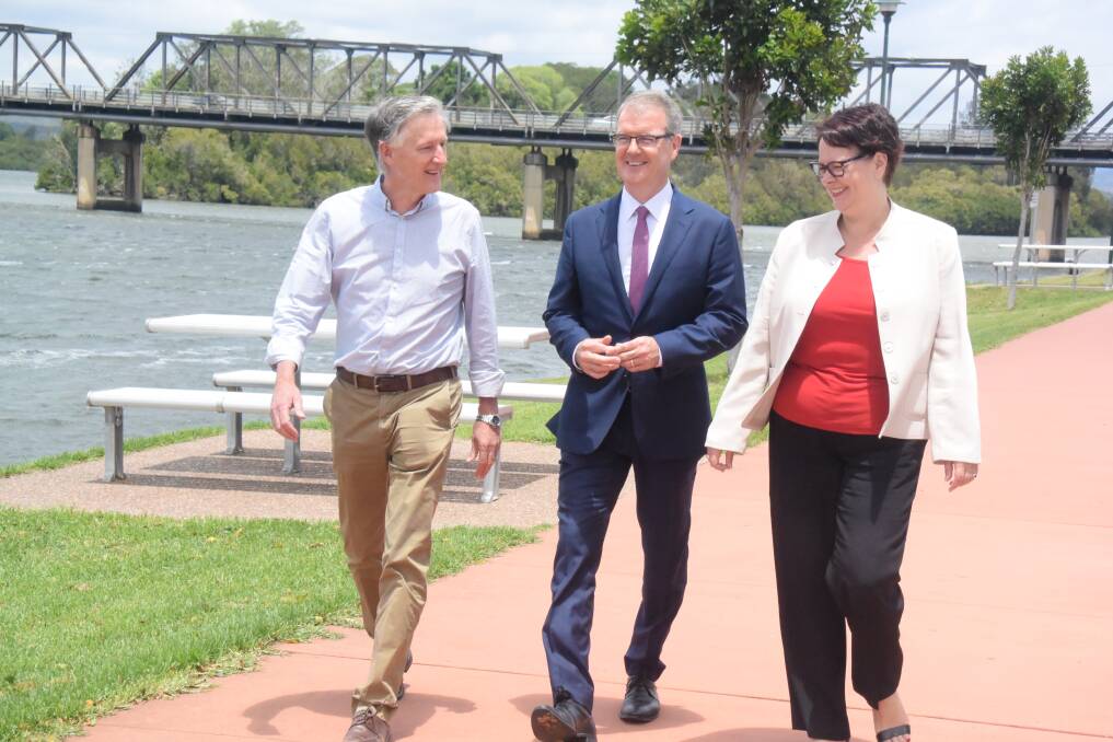 Visit: Myall Lakes Labor candidate Dr David Keegan took State Opposition Leader Michael Daley and deputy leader Penny Sharpe on a tour of Taree.