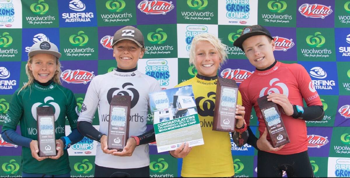 Great effort: Oscar Salt (far right) finished third in the under 14 boys final at the Surfing Australia National Grom Series Kiama event. Photo: Shannon Glasson/ Surfing NSW.