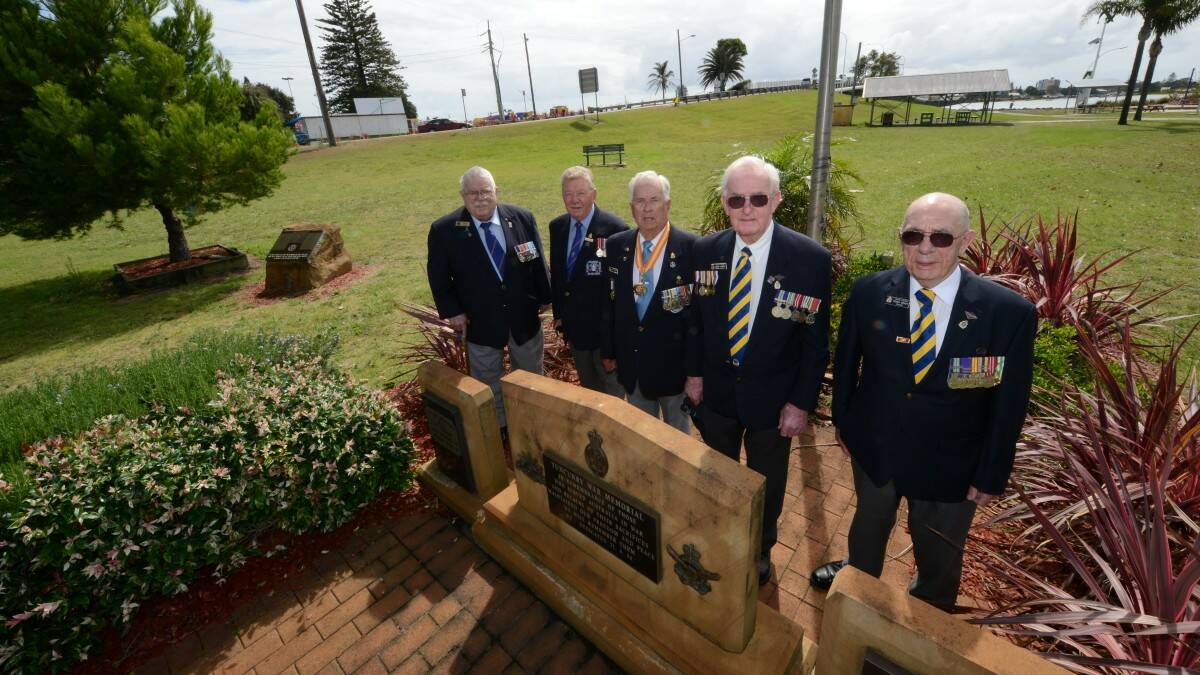 PROUD OF THEIR SERVICE: Bob Russell, Keith McNeil, Roly Kinnear, Graeme Kernick and Frank Brady at the current Tuncurry memorial. 