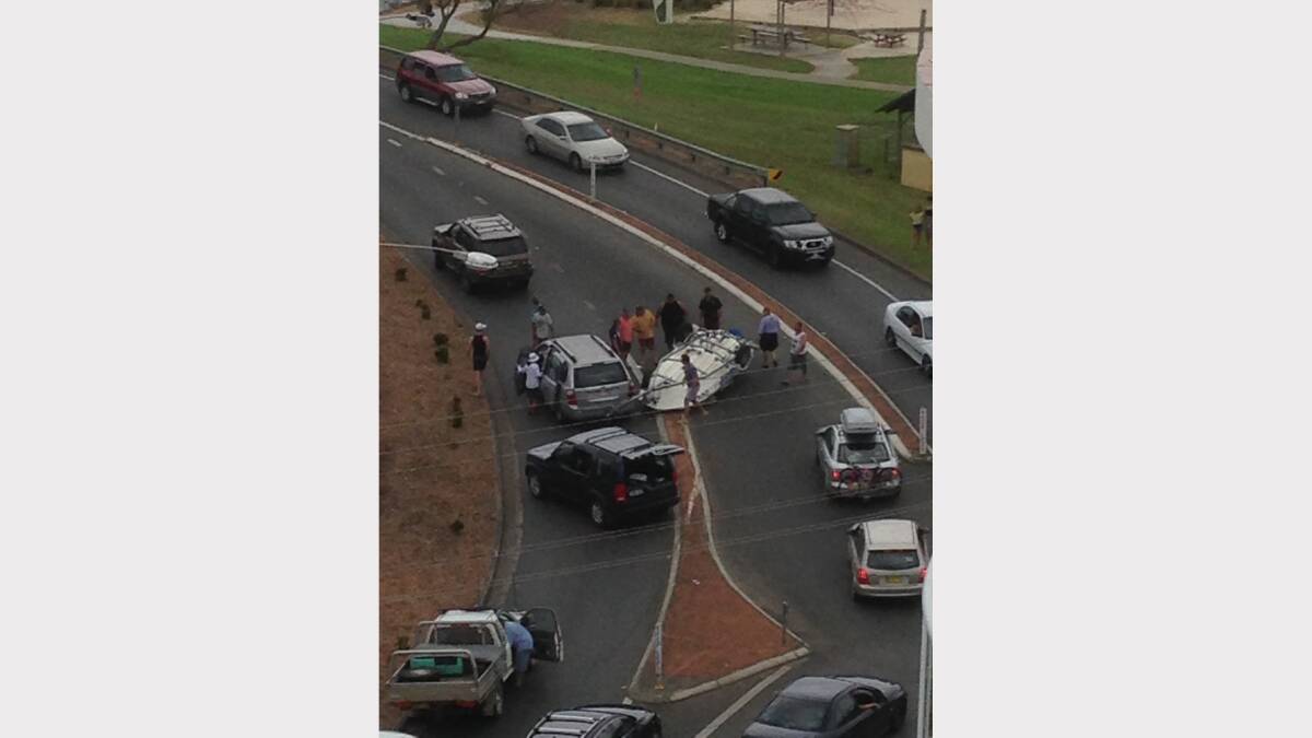  BRIDGE TROUBLE: One of our readers sent this photo of an accident on the approach to the Forster Tuncurry bridge, which disrupted traffic. 