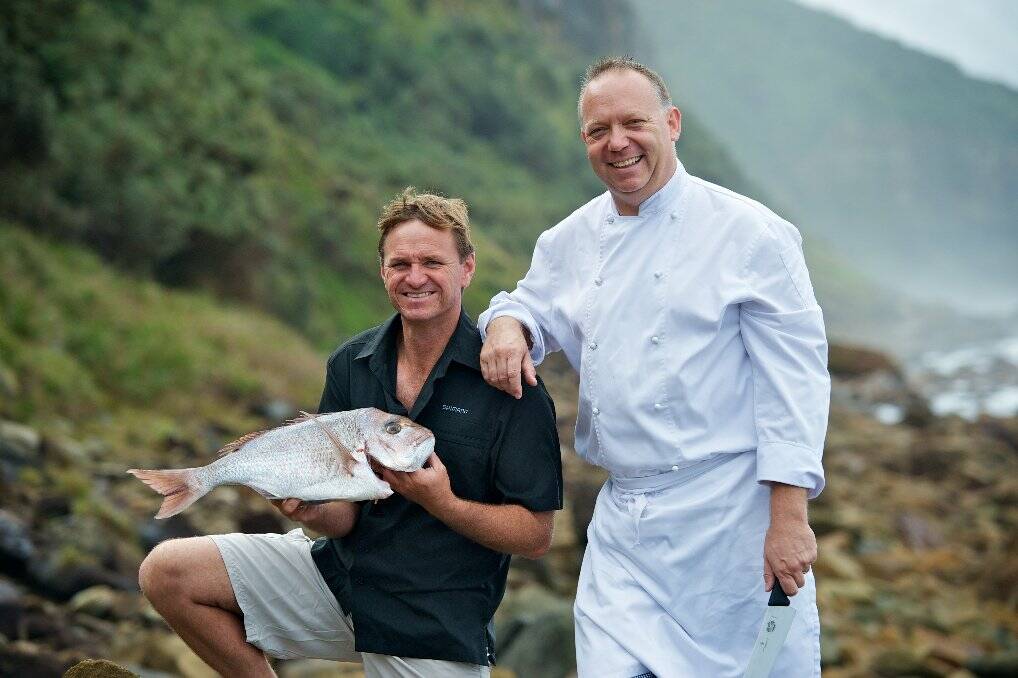 BIG NAMES: Scotty Lyons (the hook) and Paul Breheny (the cook) got a taste for Wallis Lake seafood when they visited the region recently to film a segment for their show The Hook and The Cook.  The episode will air in March.