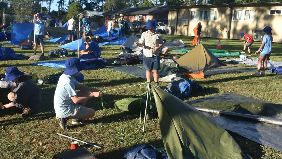 A few of the 450 scouts setting up camp at the Hunter and Coastal Corroboree 2024 held at Stroud. Picture supplied.