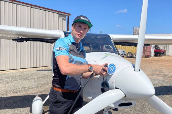 Pilot Korum Ellis uses a charging station at Murrayfield airport near Mandurah in Western Australia's Peel region to recharge his electric aeroplane. Picture by Samantha Ferguson 