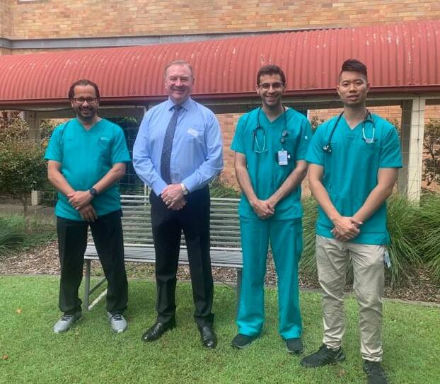 Member for Myall Lakes, Stephen Bromhead, senior resident medical officer, Ahmed Devin Deo and Billy Tran. Photo supplied. 