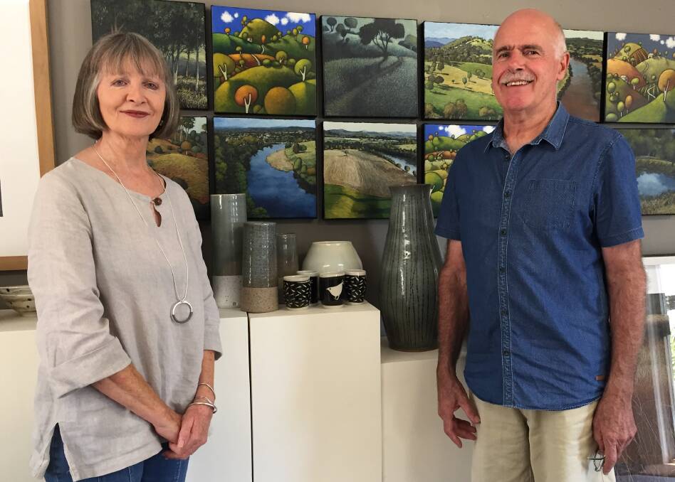 On show: Yvette and Peter Hugill join artist Ali Haigh in an art exhibition, on now at Gloucester Art Gallery. Photo: Julia Driscoll.
