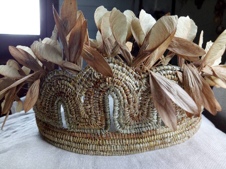 Crowning glory: A headpiece made by Hadley Westwood using New Zealand flax and sycamore seeds.