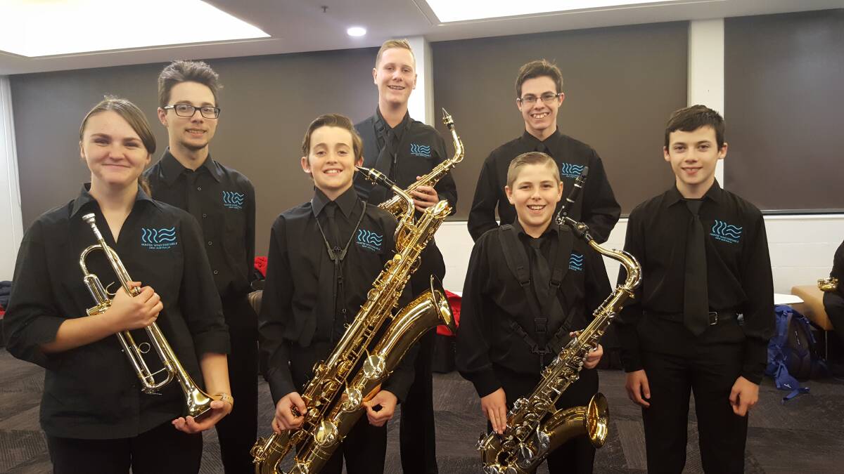 Manning and Great Lakes members of the Hunter Wind Ensemble: Isabella Ragno (Great Lakes), Jesse Blake (Great Lakes), Hamish Cassidy (Great Lakes), Shaun Carrol (Great Lakes), Kyler Johnston (Great Lakes), Mitchell Brown (Taree) and Riley Brown (Taree).
