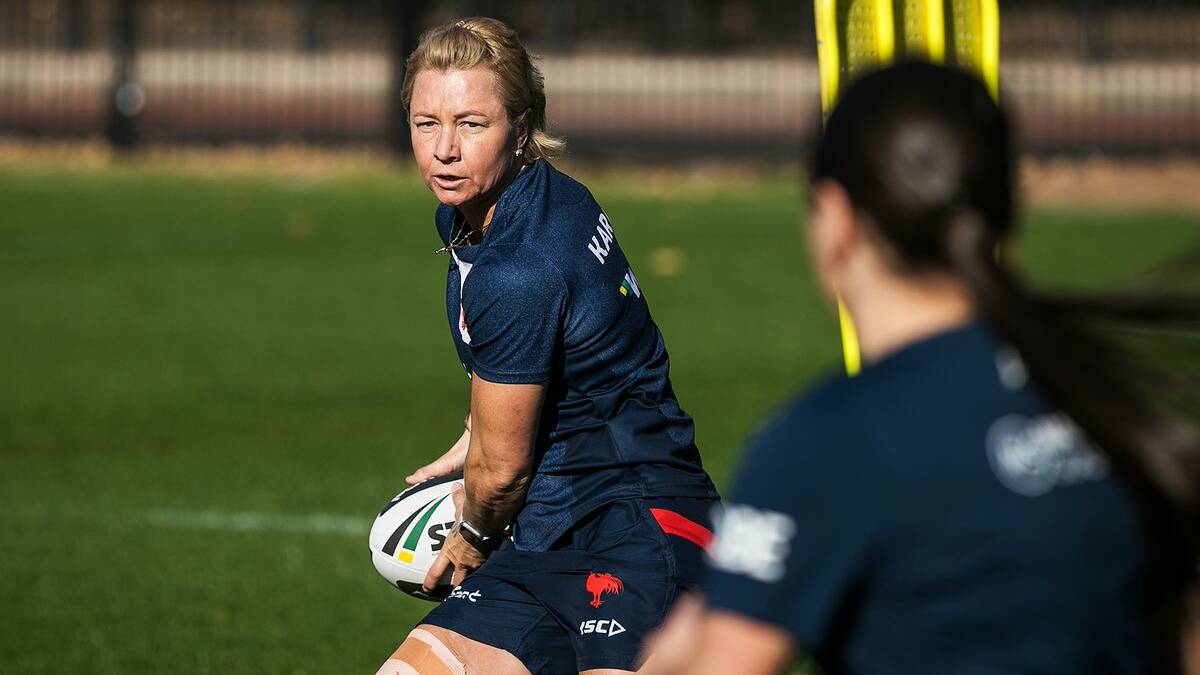 Kylie Hilder training with the Roosters NRLW squad. She'll be an assistant coach for this season's competition with the club.