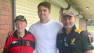 Wallaby utility back Andrew Kellaway flanked by Forster Dolphins officials, Phil Wilkins and Baz Everingham. Picture Forster Dolphins