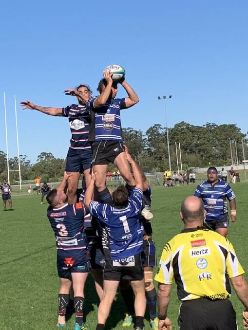 Thomas Homer claims lineout possession against his Wauchope rival in the men's rugby union preliminary final in Wauchope on Saturday. They will play the Manning River Ratz next Saturday in the grand final. Photo by Arthur Chapman.