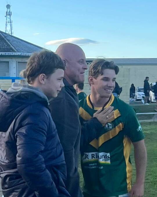 Ashton Hilder with his dad, Troy, after the Hawks last gasp 36-34 win over Macleay Valley at Kempsey. Photo Forster-Tuncurry RLFC.