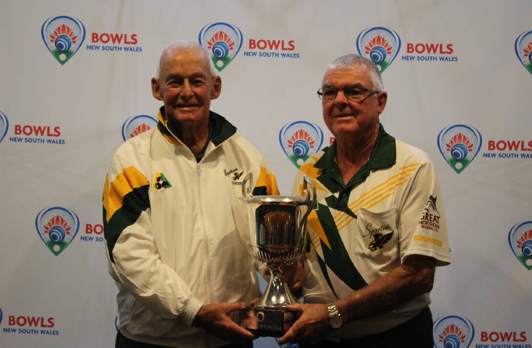 State senior pairs champions, George McCartney and Anthony Gorrie from Tuncurry Sporties with the trophy after their win in the final played at Ettalong.