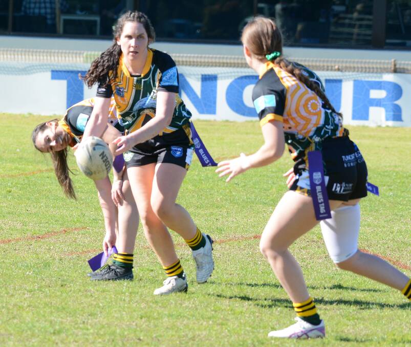 Forster's Bec Eason looks for support during the Group Three women's league tag clash against Old Bar. Forster won 34-6 to keep their final five hopes alive.