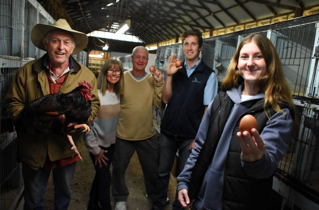 The eggsperts: Taree-Wingham Poultry Show president Peter Fotheringham, steward Sandy Robertson, judge Peter Tisdell, Michael Healy of Valley Vets and judge Katie Tisdell.
