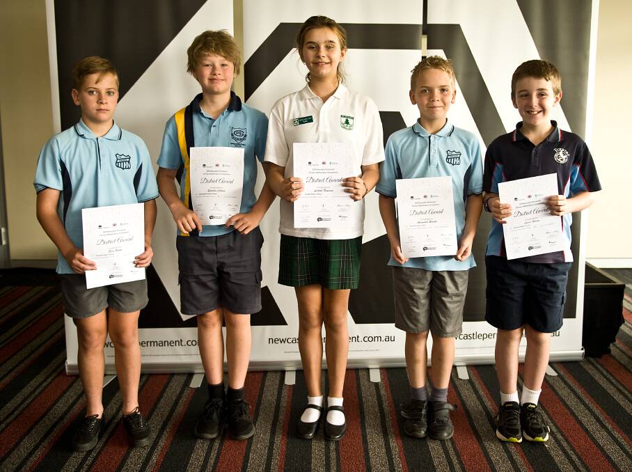 Maths competition winners: Sam Burke, Tinonee Public School (Year 6), Quinlan Collins, Gloucester (Year 6), Leorah Newman, Old Bar, (Year 6), Alexander Saville from Tinonee (Year 5) and Lucas Guiney from Forster public schools, (Year 6).