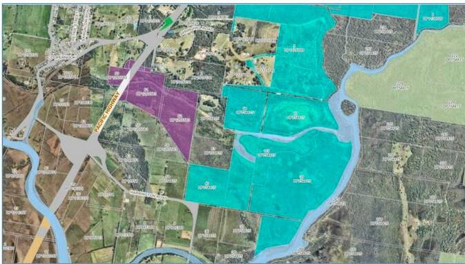 Compensatory wetlands to be transferred highlighted in purple; Cattai Wetlands in
blue. Picture MidCoast Council