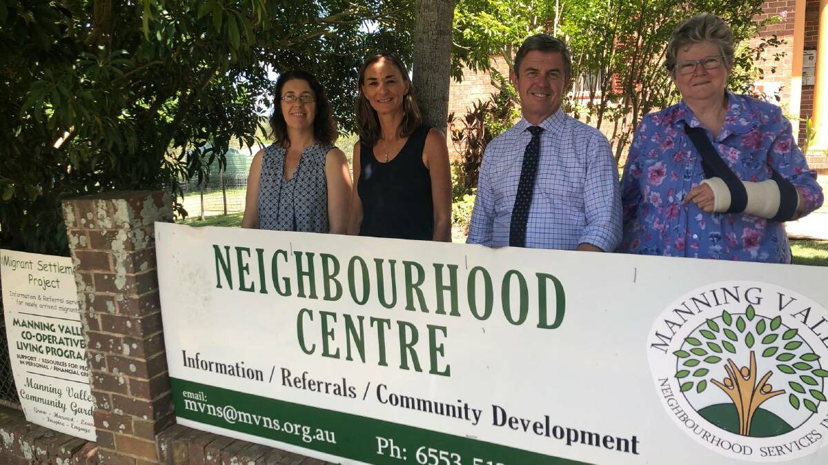 Manning Valley Neighbourhood Services administration officer Kerrie McTaggart, migrant worker Jane O'Dwyer, Member for Lyne Dr David Gillespie and MVNS chairperson Angela Pink. 