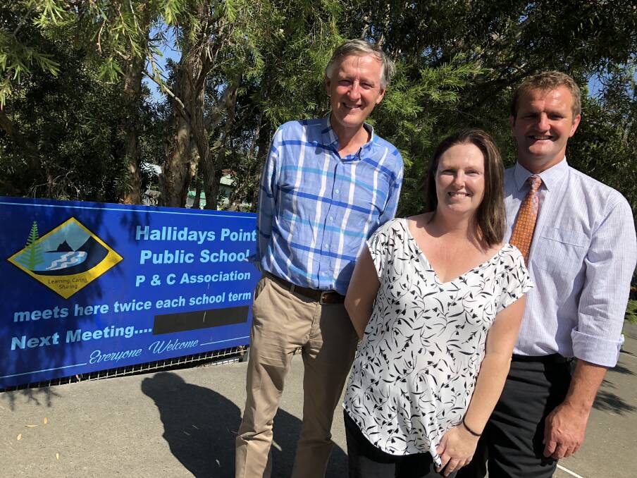 Country Labor candidate for Myall Lakes, David Keegan, Hallidays Point Public School P&C president, Mel Orchard and Shadow Minister for Finance, Clayton Barr.