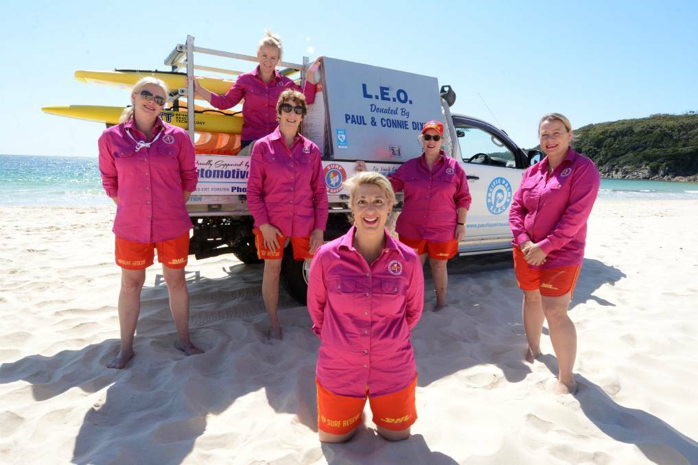 Rebecca last year organised a 'prink patrol' to celebrate the 40th anniversary of official female involvement in surf lifesaving. Members of the Pacific Palms Surf Life Saving Club. Photo supplied.