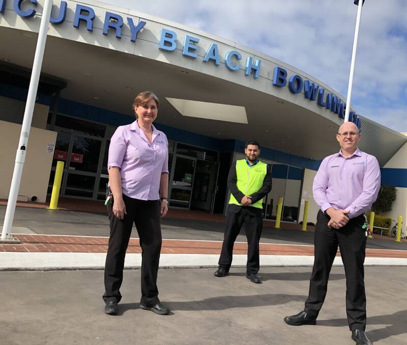 Tuncurry Beach Bowling Club staff, renowned for their outstanding customer service, Michelle McGrath, Brendan Desouza and assistant manager, Paul Erickson.