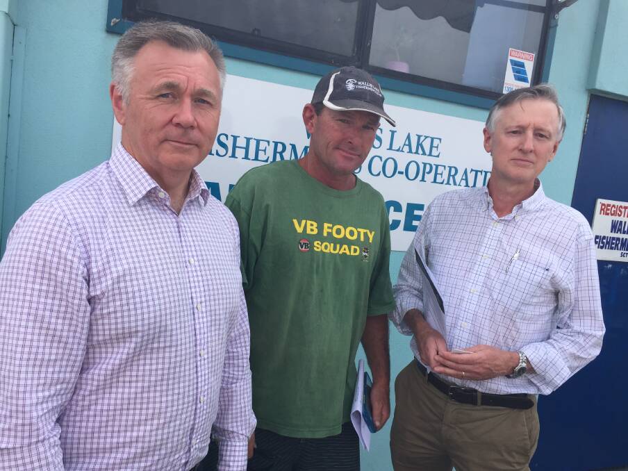 Shadow Minister for Primary Industries, Mick Veitch, Great Lakes fisher, Dean Elliott and MidCoast Council councillor, David Keegan.