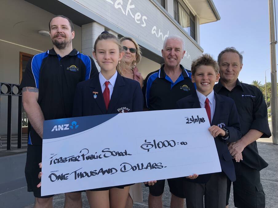 Forster Public School captains, Shana Coleman and Dylan Ceccato with Kurt Forester, principal, Annie Everingham, Bill Fanning and publican Shane Cole.