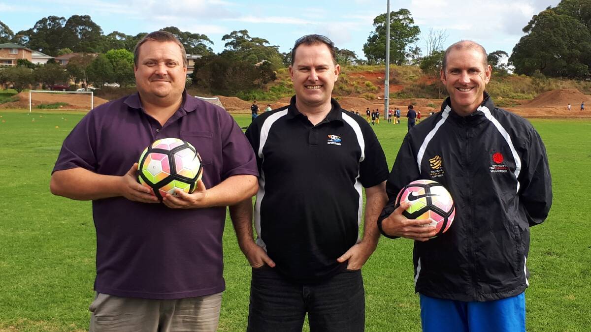 Western Phoenix FC president Ben White, FMNC Clubs and referee development officer Justin McIntyre and Iona Sports Clubs Football co-ordinator Tony Judge.