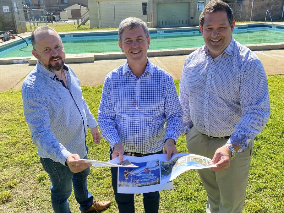Inspecting plans for the proposed Tuncurry splash park are Cr Troy Fowler, Member for Lynne, David Gillespie and MidCoast Council community spaces, recreation and trades manager, Dan Aldridge.