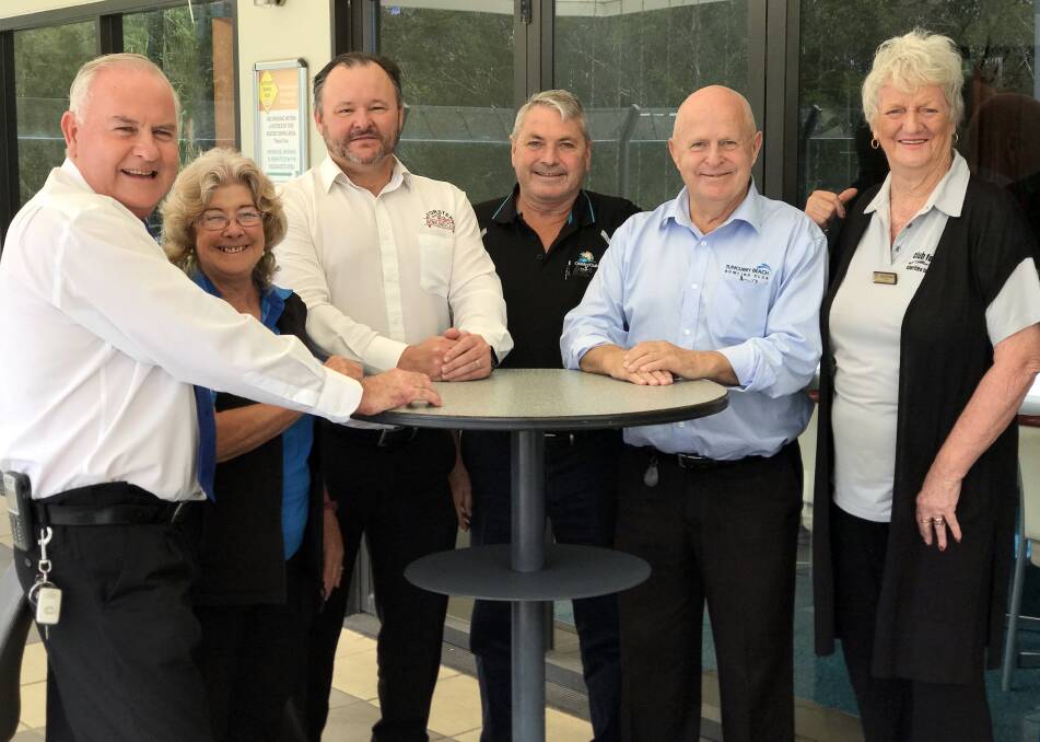 Club Forster general manager, Peter Clarke, director, Gail Stewart, Forster Bowling Club general manager, Damian Clements, Tea Gardens Country Club general manager, Warren Gooley, Tuncurry Beach Bowling club general manager, Terry Green and Club Forster president, Claire Fletcher.
