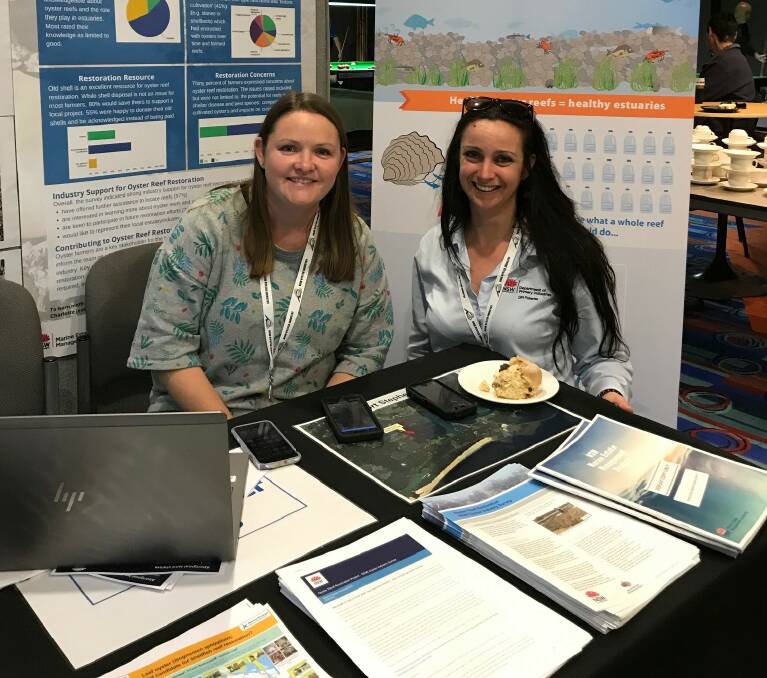 Pambula Lake oyster farmer, Anna Simonds chats with DPI fisheries manager, Jilian Keating during the conference. Photo NSW DPI.