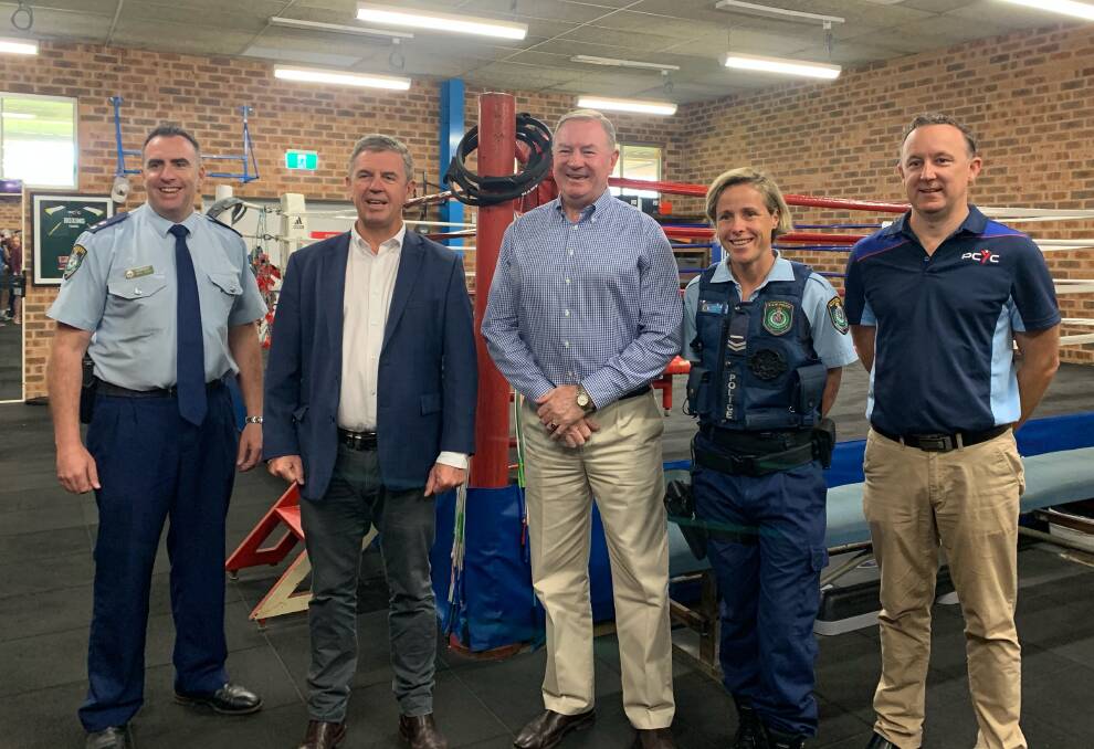 Manning Great Lakes Police District Superintendent Chris Schilt, David Gillespie, Stephen Bromhead, Senior Constable Cherie Harmer and PCYC manager, Justin Hayes.