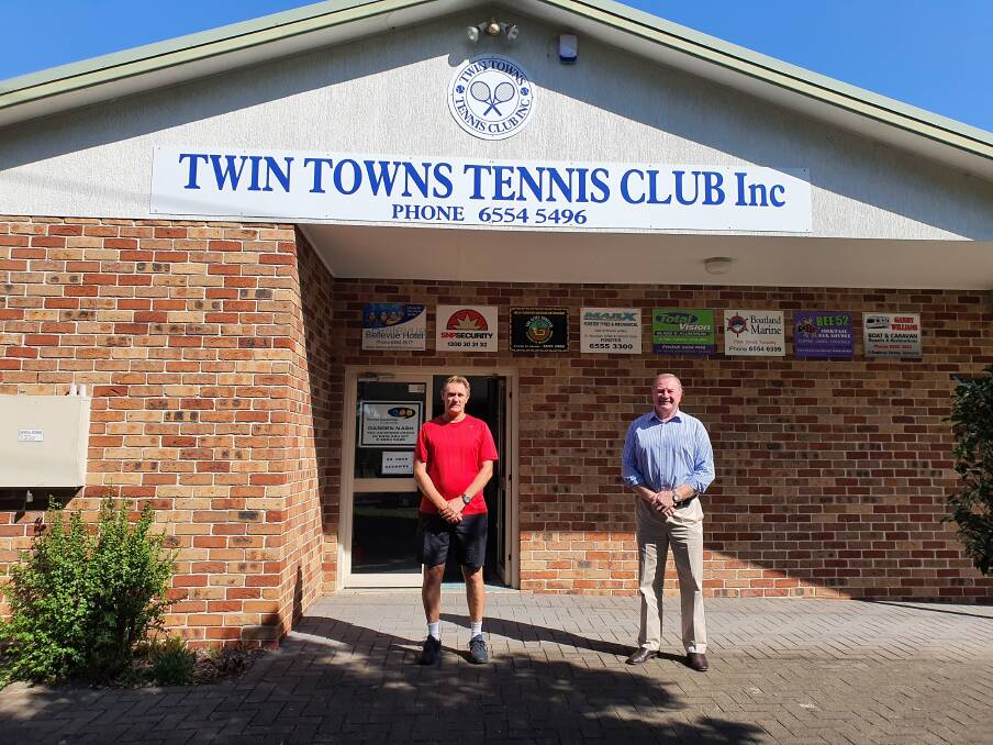 Practicing social distancing, Twin Towns Tennis Club head coach, Darren Nash and Member for Myall Lakes, Stephen Bromhead.