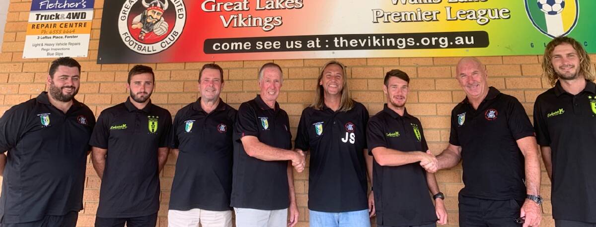 Great Lakes United Football Club goal keeping coach, Richard Allen, reserve grade captain, Jarrad Naylor, secretary, Kevin Stevens, president, Ray Brady, first grade coach, Jeff Summers, reserve grade coach, Chris Cheers, vice-president, Tony Russ, first grade and club captain, Beau Wynter.