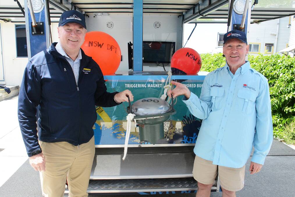 Member for Myall Lakes, Stephen Bromhead and Department of Primary Industries shark program leader, Marcel Green.