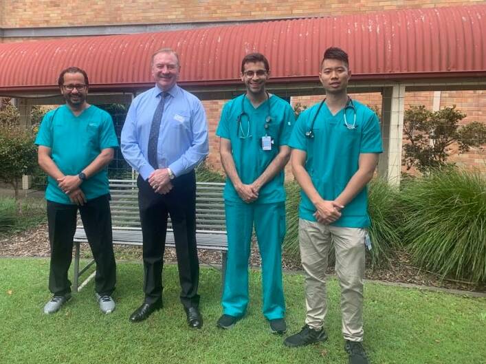 Manning Base Hospital senior resident medical officer, Ahmed Abdalla and Stephen Bromhead welcome interns, Devin Deo and Billy Tran.