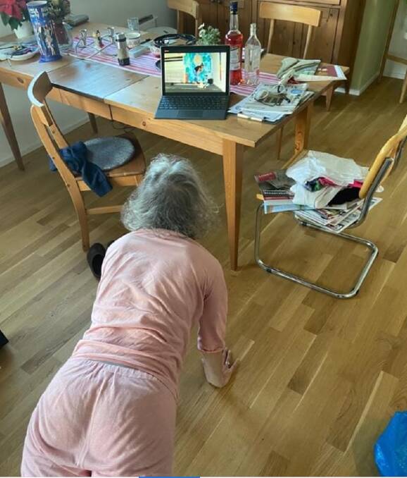 Forster Yoga Studio's on-line classes are seen around the world. Swiss resident, Sofia Galbraith practiced in her PJs before popping over to her work station in the kitchen.