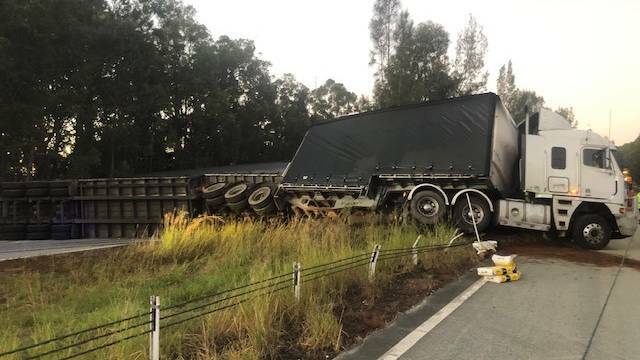 A B-double lost control and crashed just before 5am this morning at Coolongolook. Picture: Live Traffic NSW