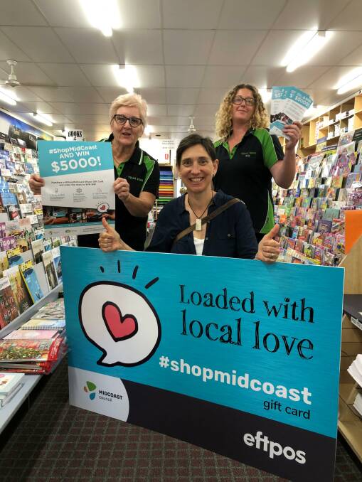  Lyn Tully and Ally Hobbins from Tulls Newsagency, Forster along with Forster Tuncurry Business Chamber president, Megan Lewis.
