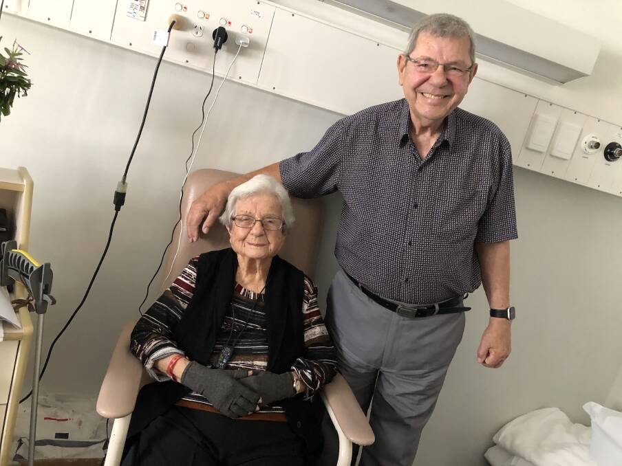 Ninety-seven-year-old Betty MacKinnon and son Bob before being discharged from Forster Private Hospital.