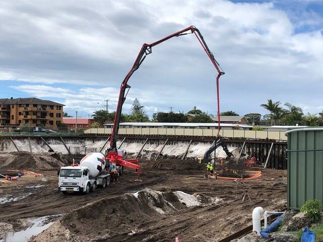 The first concrete pour for the foundations of the community facilities at the civic precinct, last week.