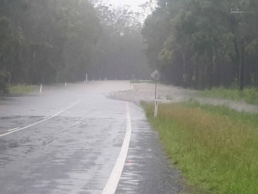 Failford Road was closed due to floodwater. Shared from Nabiac and Chat Facebook page.